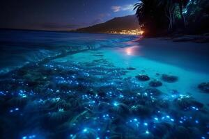 Ocean shore at night, the water is full of dinoflagellates, glowing with millions bright blue neon glow in the dark tiny dots. photo