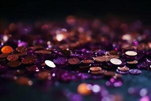 Sparkling Glitter abstract background dark purple saturated color, de - focused, macro. Sequins fall and sparkle, round bokeh. photo