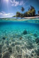 Photograph of beautiful inviting beach scene with blue sky. photo