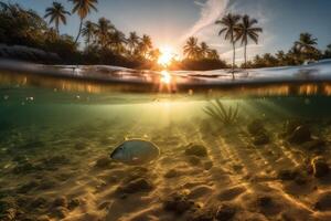 Photograph of beautiful inviting beach scene with sunset sky. photo