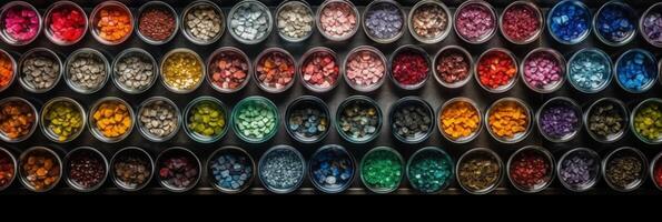 top view, aerial view, bowls of gemstones of the color of the rainbow. photo