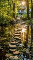 Luminous granite stepping stones leading to cottage in middle of pond. photo