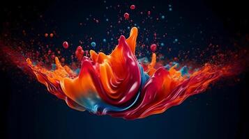 Paint drop. Ink water. Cold flame. Burning ice. Red orange blue color gradient glowing glitter fluid splash on dark black abstract art background. photo