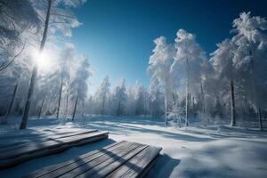 Winter Christmas scenic landscape with copy space. Wooden flooring, white trees in forest covered with snow, snowdrifts and snowfall against blue sky in sunny day AI Generative photo