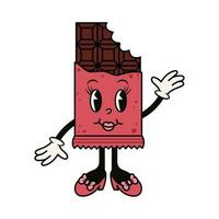 Groovy bitten chocolate bar character in red wrap. Cute retro mascot. Cartoon isolated vector illustration.