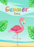 Cute pink flamingo standing on the beach. Colorful banner flyer in cartoon style. Summer concept. Vector illustration vertical.