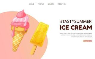 Creative summer landing page design in trendy colors with summer ice cream. Web page design. Vector template. Modern vector illustration concept for website and mobile website development