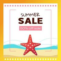 Creative summer sale banner in trendy colors with beach and discount text. Season promotion. Vector template square shape.