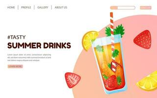 Creative summer landing page design in trendy colors with summer drinks. Web page design. Vector template. Modern vector illustration concept for website and mobile website development