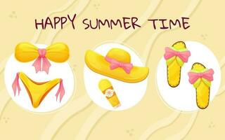 Summer fashion set of women's beach accessories. Big hat, swimsuit,sandals. Happy summer time. Vector in cartoon style.