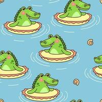 Kawaii green crocodile swimming with rubber ring. Cute animal floating on water. Seamless colorful pattern. Vector. vector