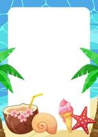 Abstract summer background with tropical palm, cocktail, ice cream. Beach theme. Vertical template, place for text. vector