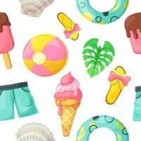 Colorful seamless summer pattern with beach stuff for summer travel. Vacation accessories for sea holidays. Fashion design, vector. vector