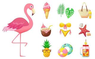 Set of cute summer illustrations food, drinks, shells, fruits, beach accessories and flamingo. Summertime. Collection of elements for beach party. vector