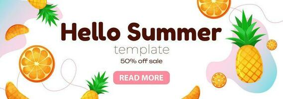 Creative summer sale banner in trendy colors with tropical fruits and discount text. Season promotion. Vector vertical template