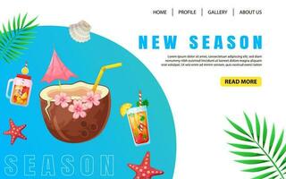 Creative summer landing page design in trendy colors with cocktails and summer drinks. Web page design. Vector template. Modern vector illustration concept for website.
