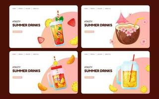 Set of summer landing pages design in trendy colors with summer drinks. Web page design. Vector template. Modern vector illustration concept for website and mobile website development