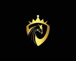 Luxury Horse In Shield With Crown Logo. Gold Royal Horse Crown Symbol Premium Vector Icon Template.