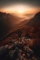 un hombre es en pie en un montaña. ai generativo foto