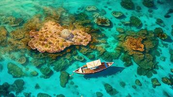 An aerial shot of a tropical island's lagoon, with shallow turquoise waters and coral formations creating intricate patterns beneath the surface. photo