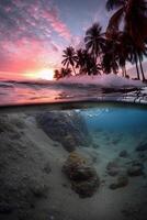 fotografía de hermosa atractivo playa escena con rosado puesta de sol cielo. ai generativo foto