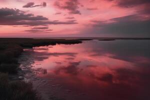 un escena en cuales el todo rosado cielo es reflejado en el agua. ai generativo foto