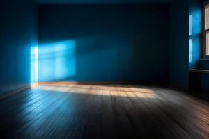 Blue empty wall and wooden floor with interesting light glare. Interior background for the presentation. photo