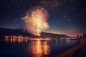 Fuegos artificiales noche mar estrella. ai generativo foto