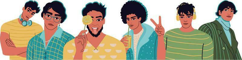 Diverse group male portraits. Boys avatar set. Men solidarity concept. vector