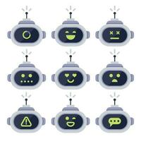 Chatbot avatar. Computer chat bots, android robot facial expressions and robotic cyborg head. Robots logo or bot vector icon set