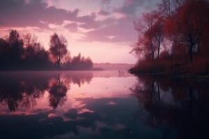 un escena en cuales el todo rosado cielo es reflejado en el agua. ai generativo foto