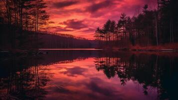 un escena en cuales el todo rosado cielo es reflejado en el agua. ai generativo foto