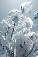 Translucent futuristic inorganic flowers, white background, behance, c4d, blender, OC renderer, dribble, high detail, 8k, studio lighting, art award, Cinema Lights. photo