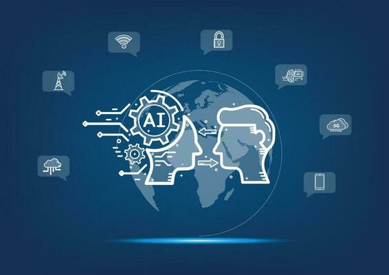 man using technology smart robot, artificial intelligence by enter command prompt for generates something, Concept of artificial intelligence with icons on the blue background.