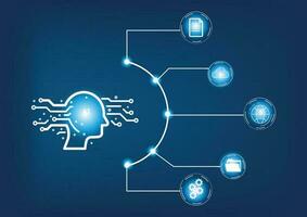 man using technology smart robot, artificial intelligence by enter command prompt for generates something, Artificial intelligence and machine learning concept with icons on blue background. vector