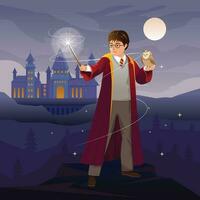 Magic Students Test the Power of Spells with an Owl vector