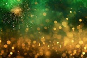 Gold and green Fireworks and bokeh in New Year eve and copy space. Abstract background holiday. photo