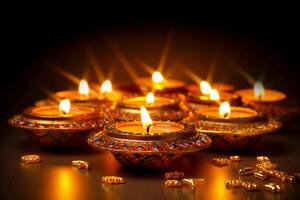 A Diya oil lamp, Diwali concept, blurred Hindu festival of lights celebration background. photo