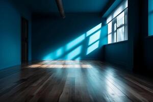 Blue empty wall and wooden floor with interesting light glare. Interior background for the presentation. photo