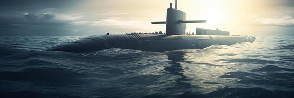 genérico militar nuclear submarino flotante en el medio de el océano. ai generativo foto