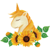 Licorne avec tournesol bouquet agrafe art élément transparent Contexte png