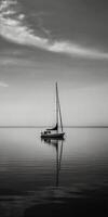 white image of a lone sailboat on a calm sea, photo
