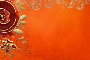 orange Pantone color background paper texture Rangoli pattern painting. photo