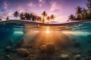 Photograph of beautiful inviting beach scene with purple sunset sky. photo