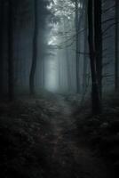 oscuro bosque, con un camino en el medio, horror ambiente, arboles en el lado. ai generativo foto