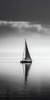 white image of a lone sailboat on a calm sea, photo