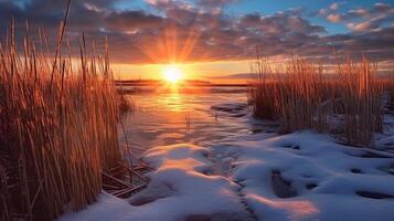 Sunset above the reeds at the edge of the lake. photo