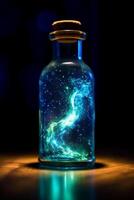 Glowing galaxy in a glass bottle. photo