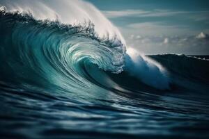 tropical azul surf ola. Brillo Solar en el ola barril. No gente. hermosa profundo azul tubo ola en el océano. ai generativo foto