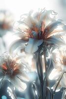 Translucent futuristic inorganic flowers, white background, behance, c4d, blender, OC renderer, dribble, high detail, 8k, studio lighting, art award, Cinema Lights. photo